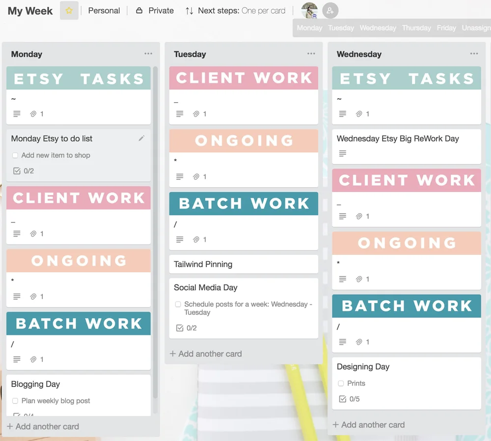 How to Organize Etsy with Trello: Trello week board