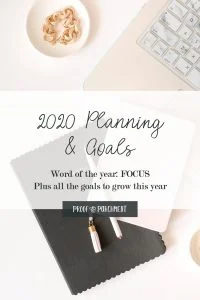 Overhead shot of black notebook and pink laptop with text overlaid: 2020 Planning & Goals, Word of the year: FOCUS Plus all the goals to grow this year