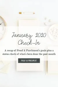 Stationery and clock on white background with text overlaid: January 2020 Check-In, A recap of Proof & Parchment's goals plus a status check of what's been done the past month