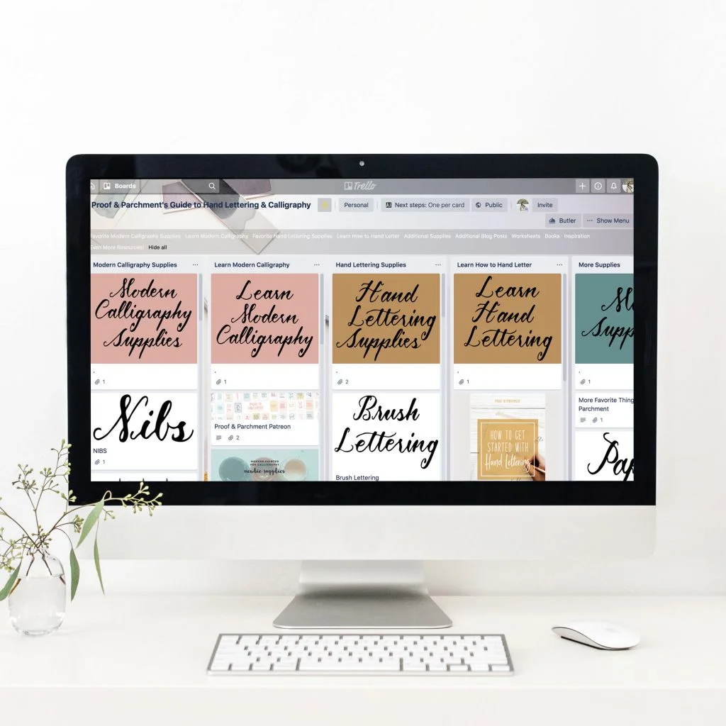 Computer screen filled with Trello page of Calligraphy and Hand Lettering Resources