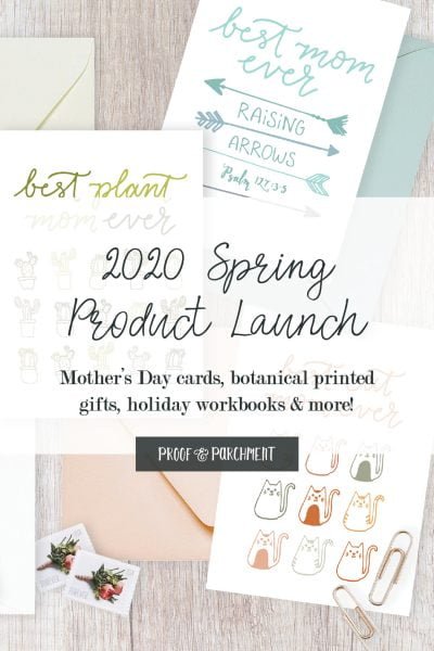 Variety of mother's day cards with test overlaid: 2020 Spring Product Launch, Mother's Day cards, botanical printed gifts, holiday workbooks, & more