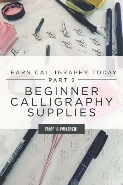 Calligraphy worksheets, supplies, pens, and inks on a white desk with text overlaid: Learn calligraphy today part 2, beginner calligraphy supplies