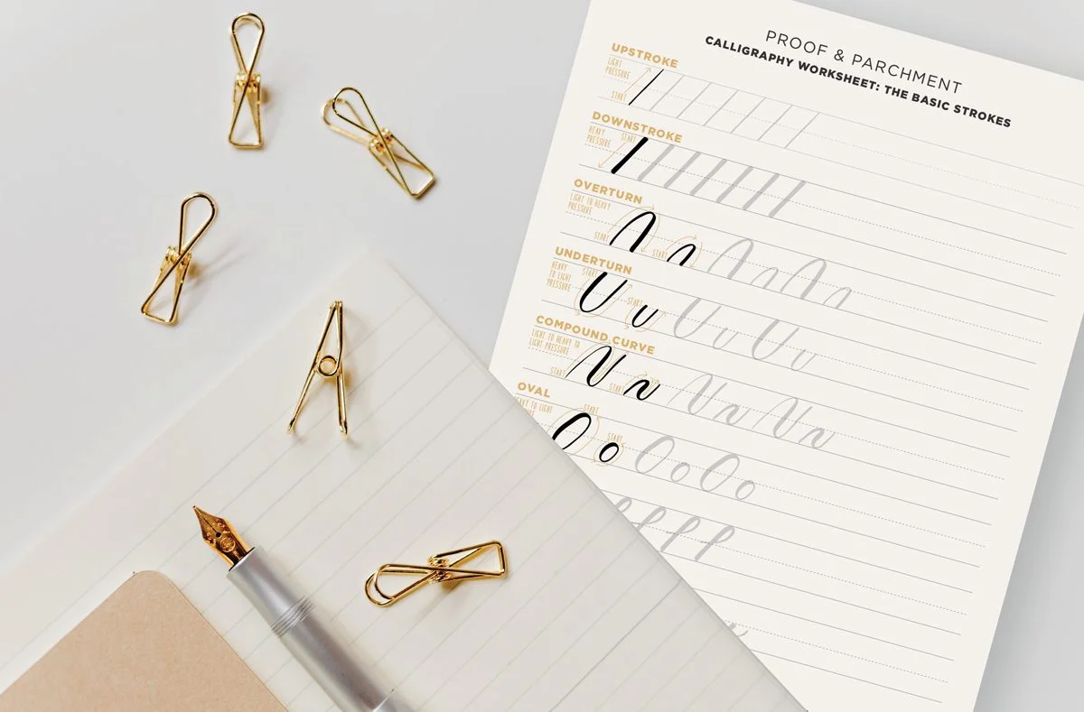 Basic calligraphy strokes worksheet and paper with pen and clips