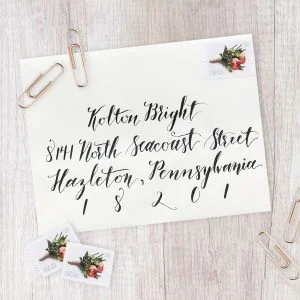 Modern calligraphy envelope, white envelope with black modern calligraphy